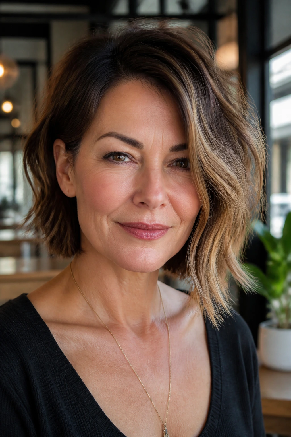 Portrait of a real woman with an asymmetrical lob and caramel highlights on the longer side.