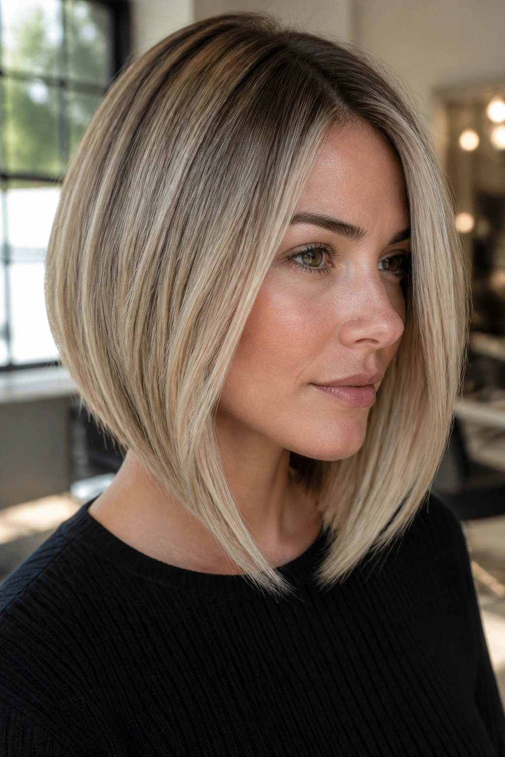 Close-up portrait of a real woman with an asymmetrical long bob and contour highlights.