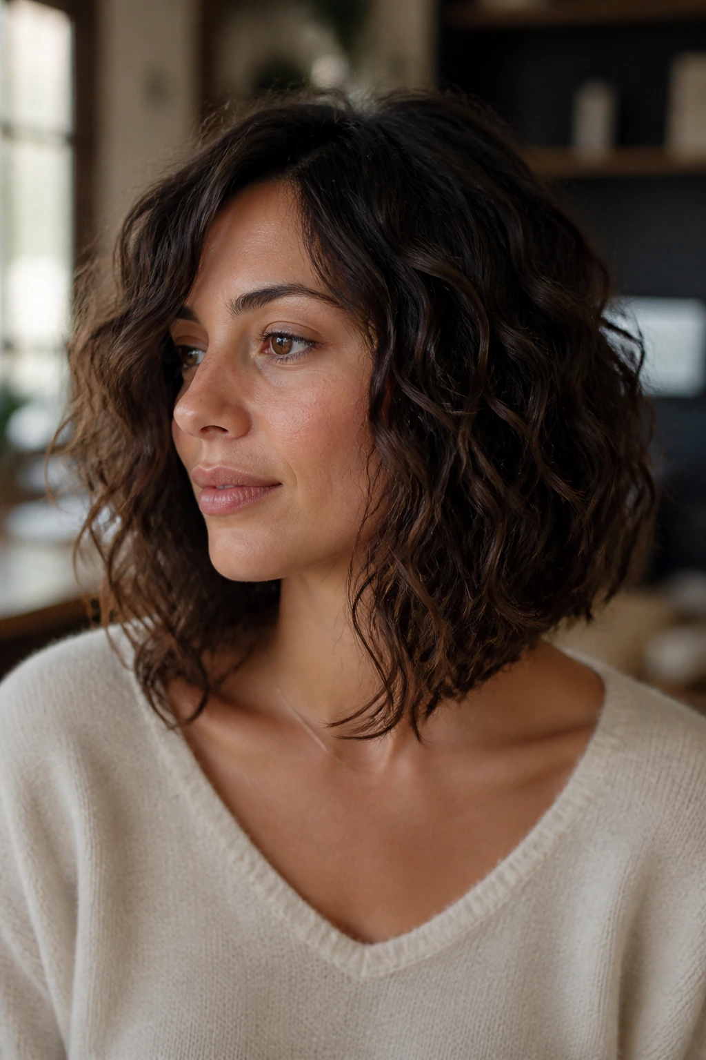 Real woman portrait with a subtle asymmetrical lob hairstyle