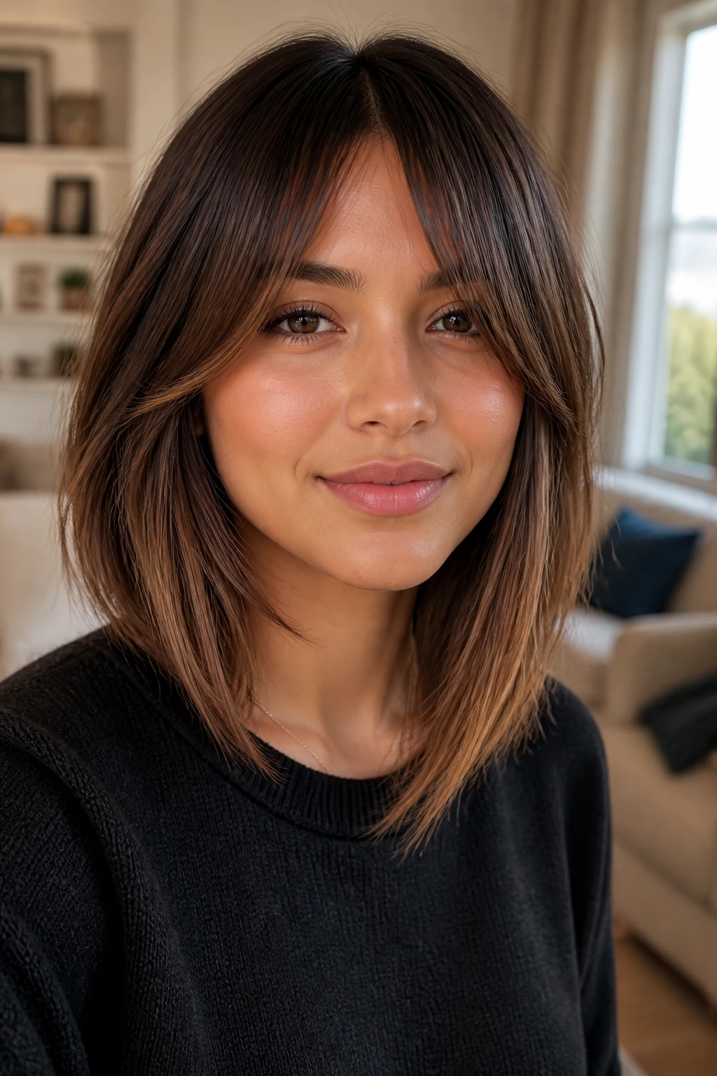 Close-up of a real woman with an asymmetrical lob and longer front pieces with curtain bangs in a cozy living room.