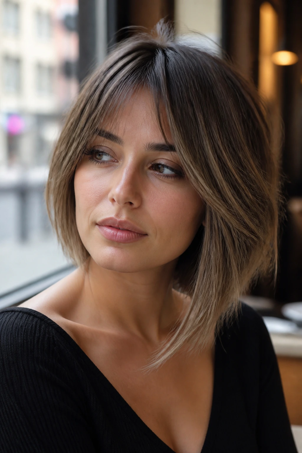 Real woman with an asymmetrical lob and curtain bangs in a sunlit cafe.
