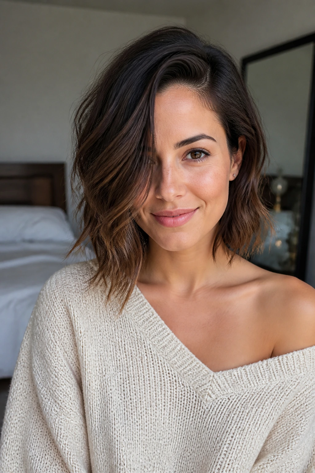 Portrait of a real woman with an asymmetrical lob and a one-sided sweep