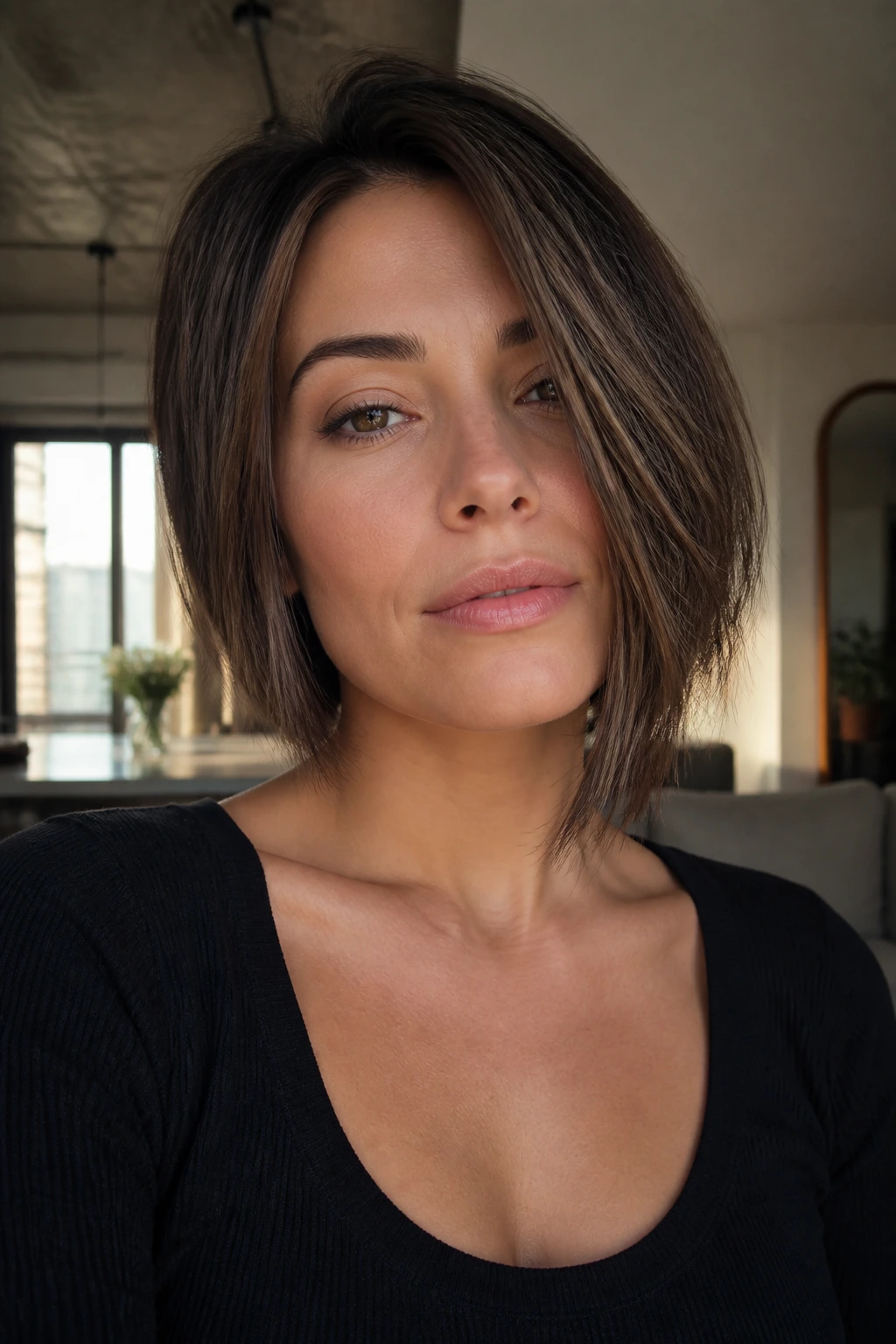 Real woman with subtle asymmetrical lob length, one side longer