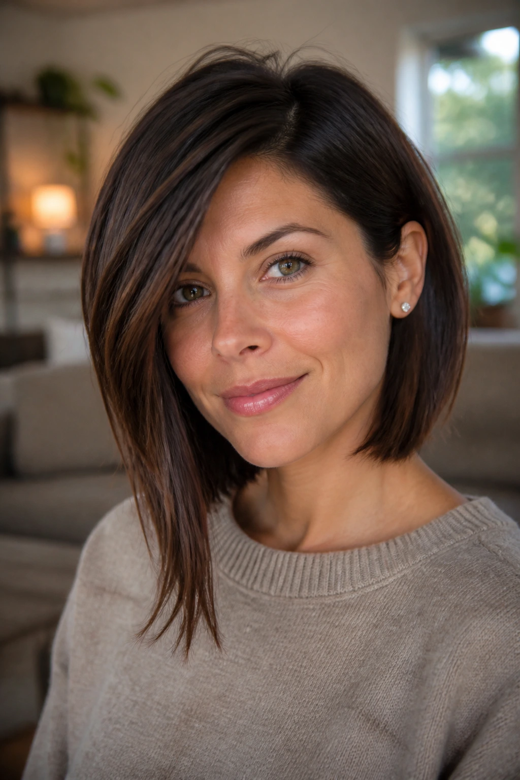 Close-up of a real woman with an asymmetrical lob showing one longer side in warm window light