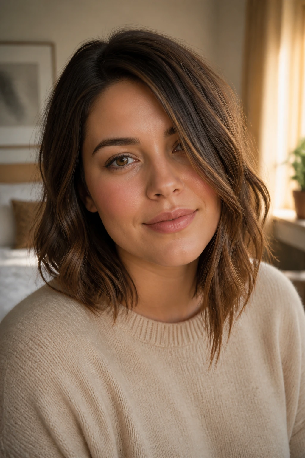 Close-up of a real woman with a slightly asymmetrical lob and subtle length difference