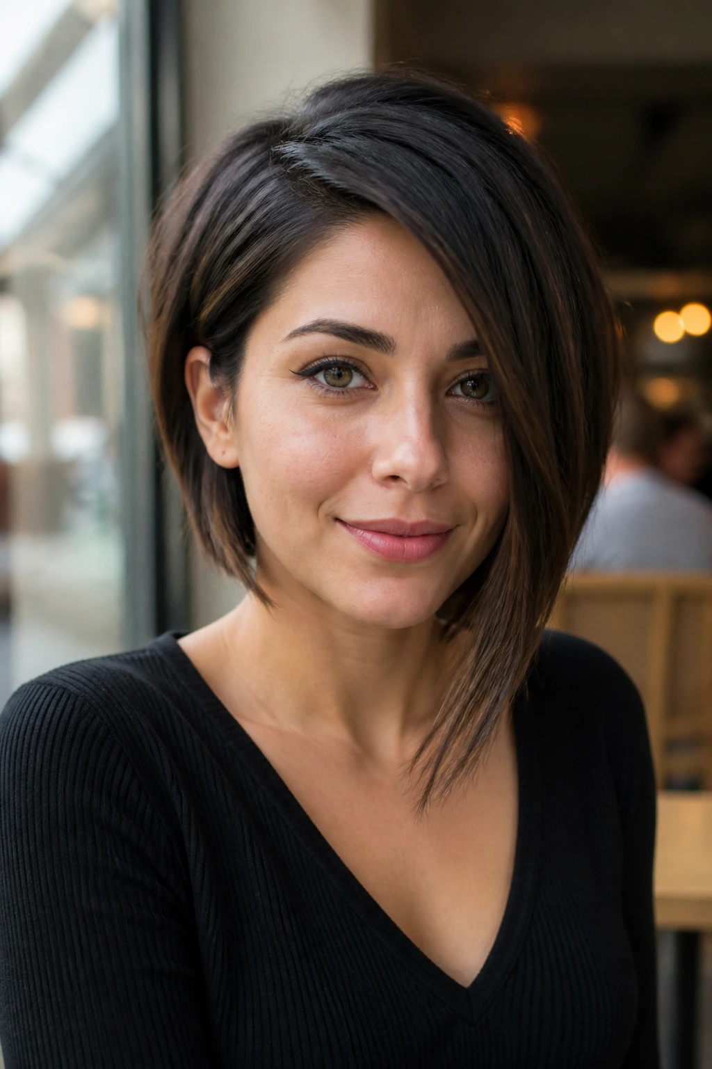 Close-up portrait of a real woman with an asymmetrical lob and one longer side