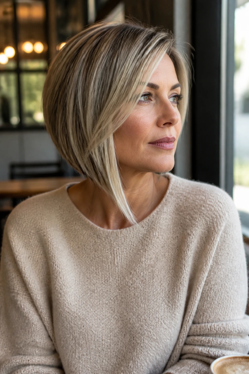 Portrait of a woman with an asymmetrical lob and a longer front corner in a cafe setting.
