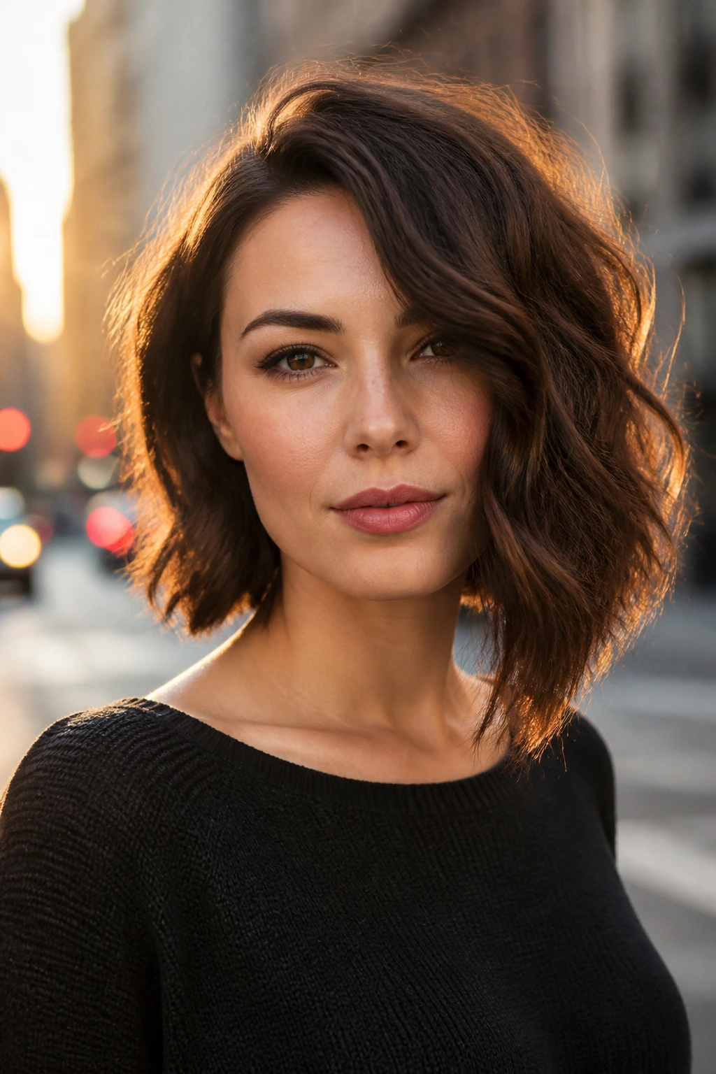 Portrait of a real woman with asymmetrical lob featuring one longer side.