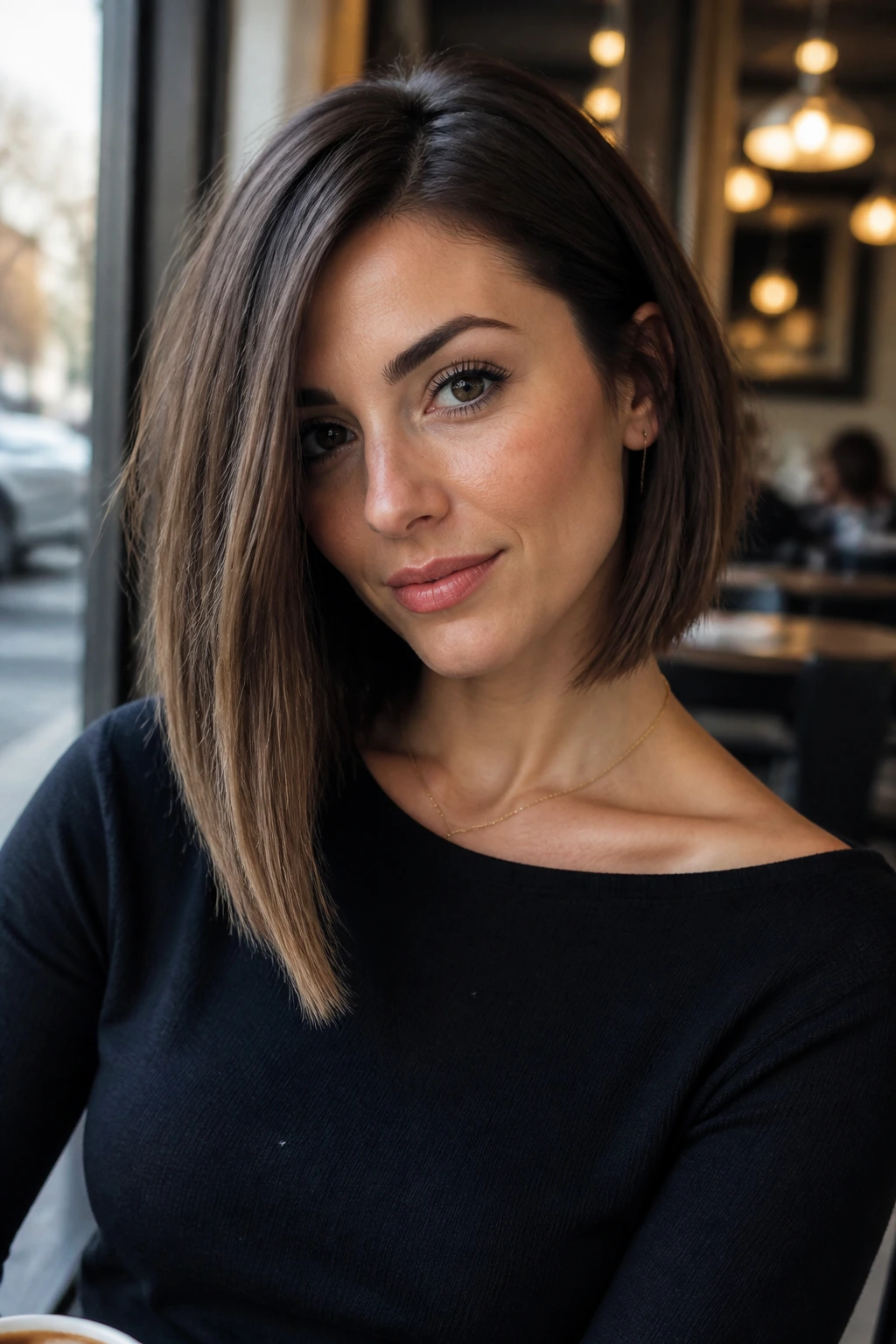 Close-up portrait of a real woman with an asymmetrical lob and off-center part