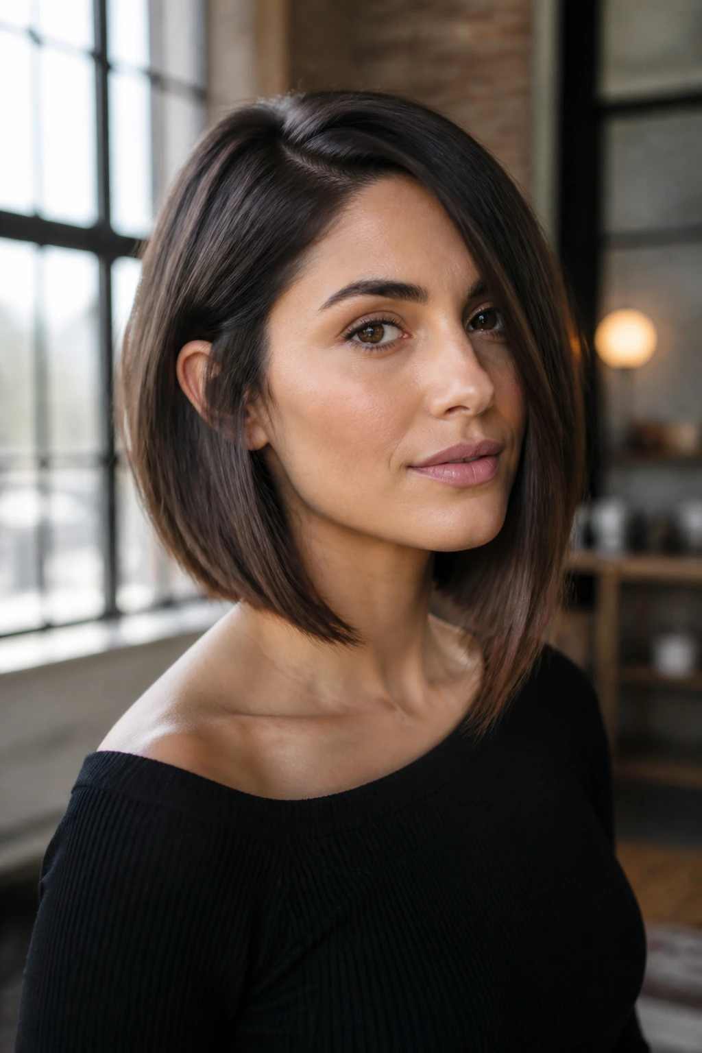 Close-up of a real woman with asymmetrical lob on olive skin