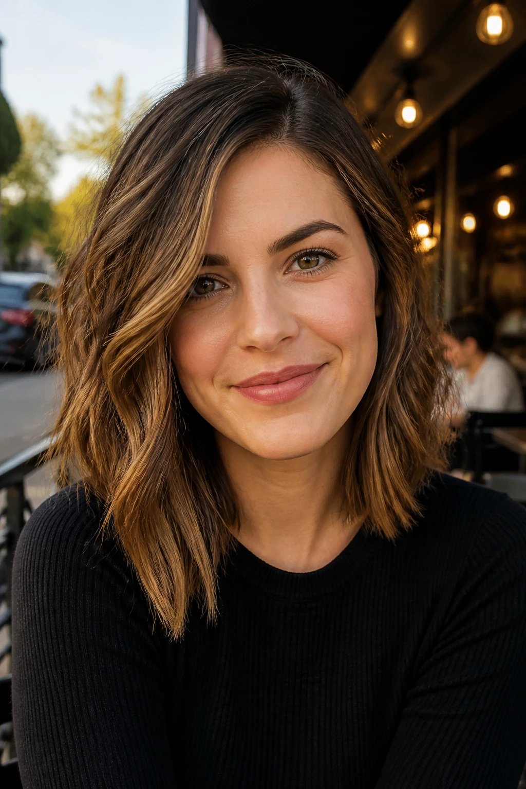 Close-up of a real woman with a subtle asymmetrical lob