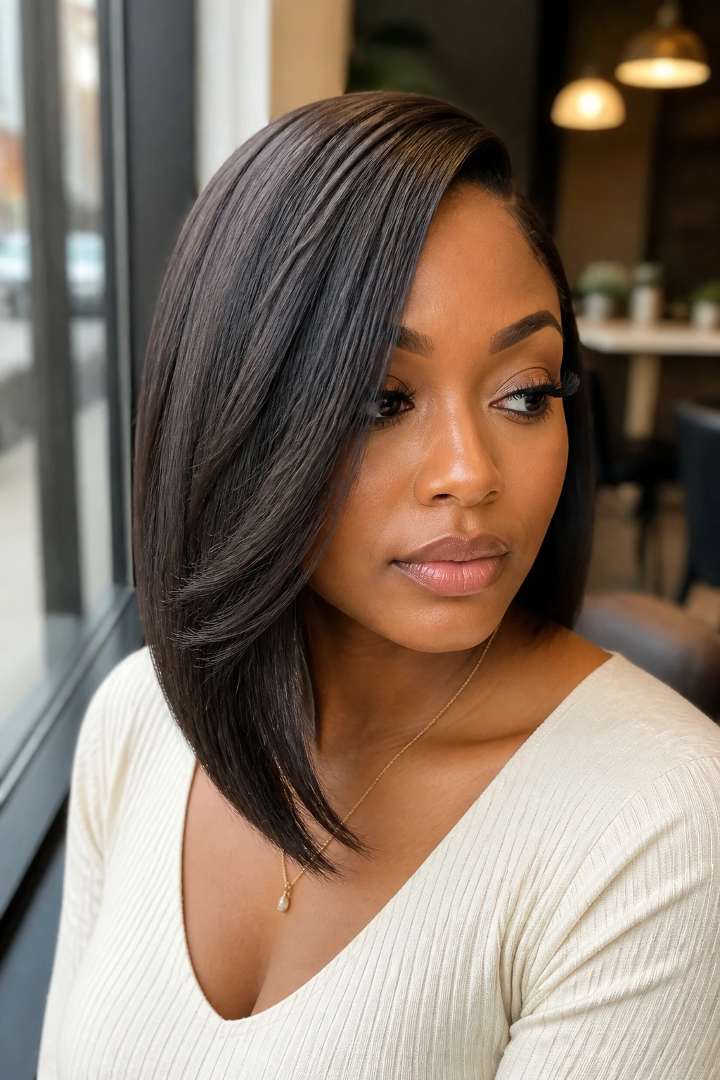 Real woman with an asymmetrical lob sew-in