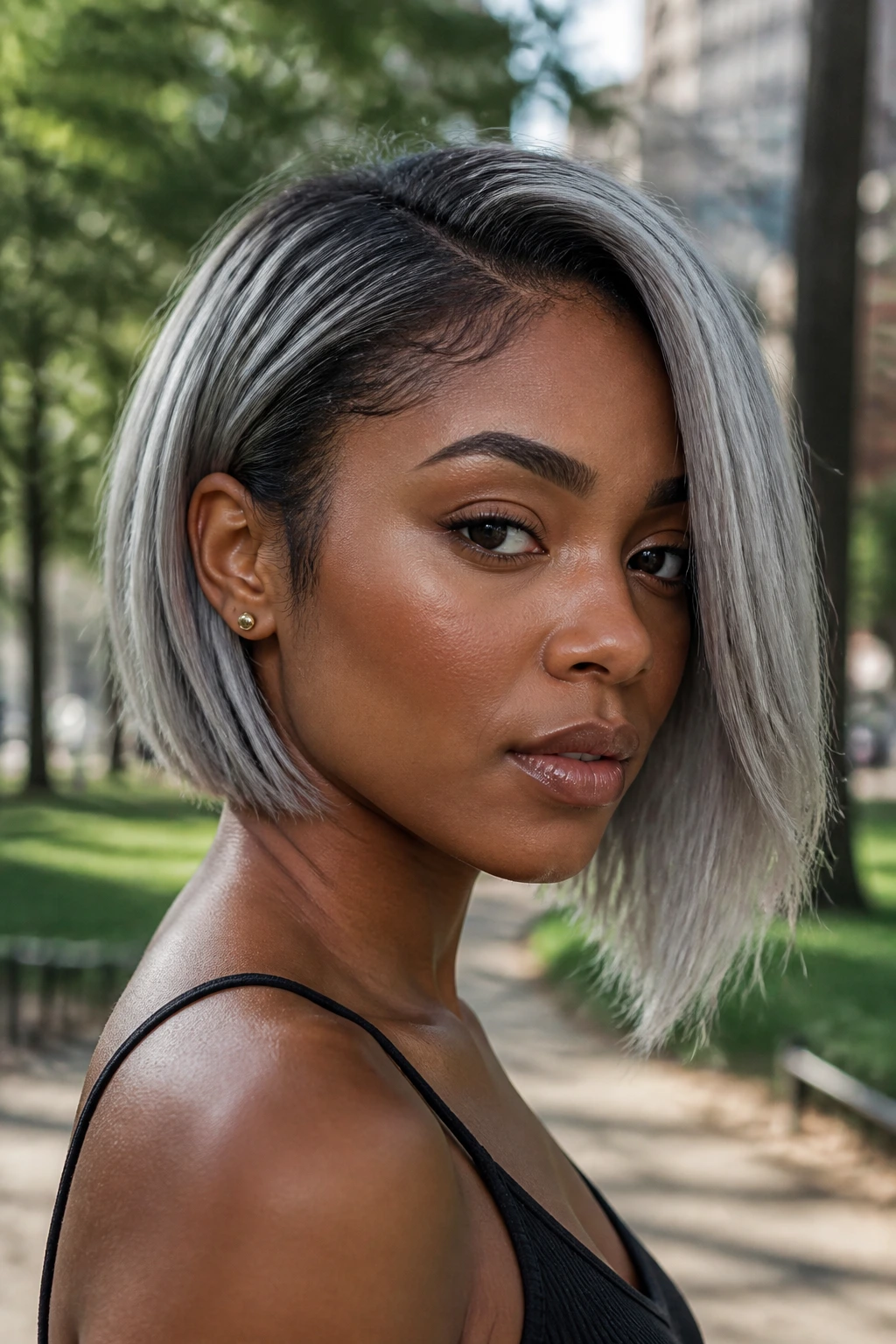 Portrait of a person with asymmetrical silver lob and shadow roots.