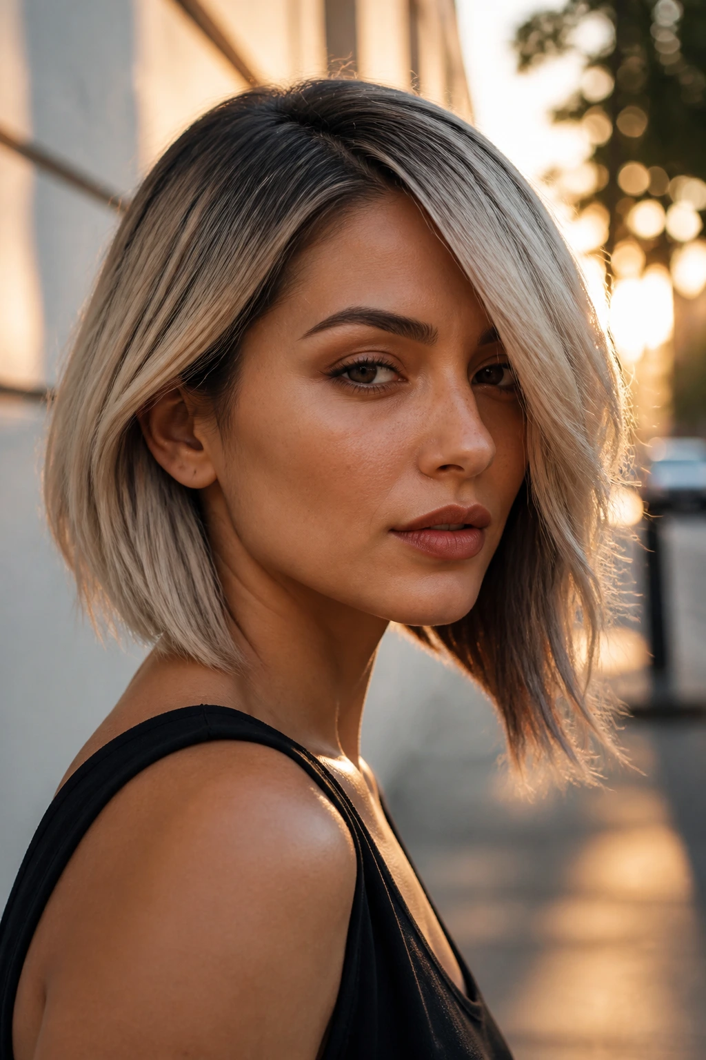 Olive-skinned woman with asymmetrical lob and smoke-toned ends.