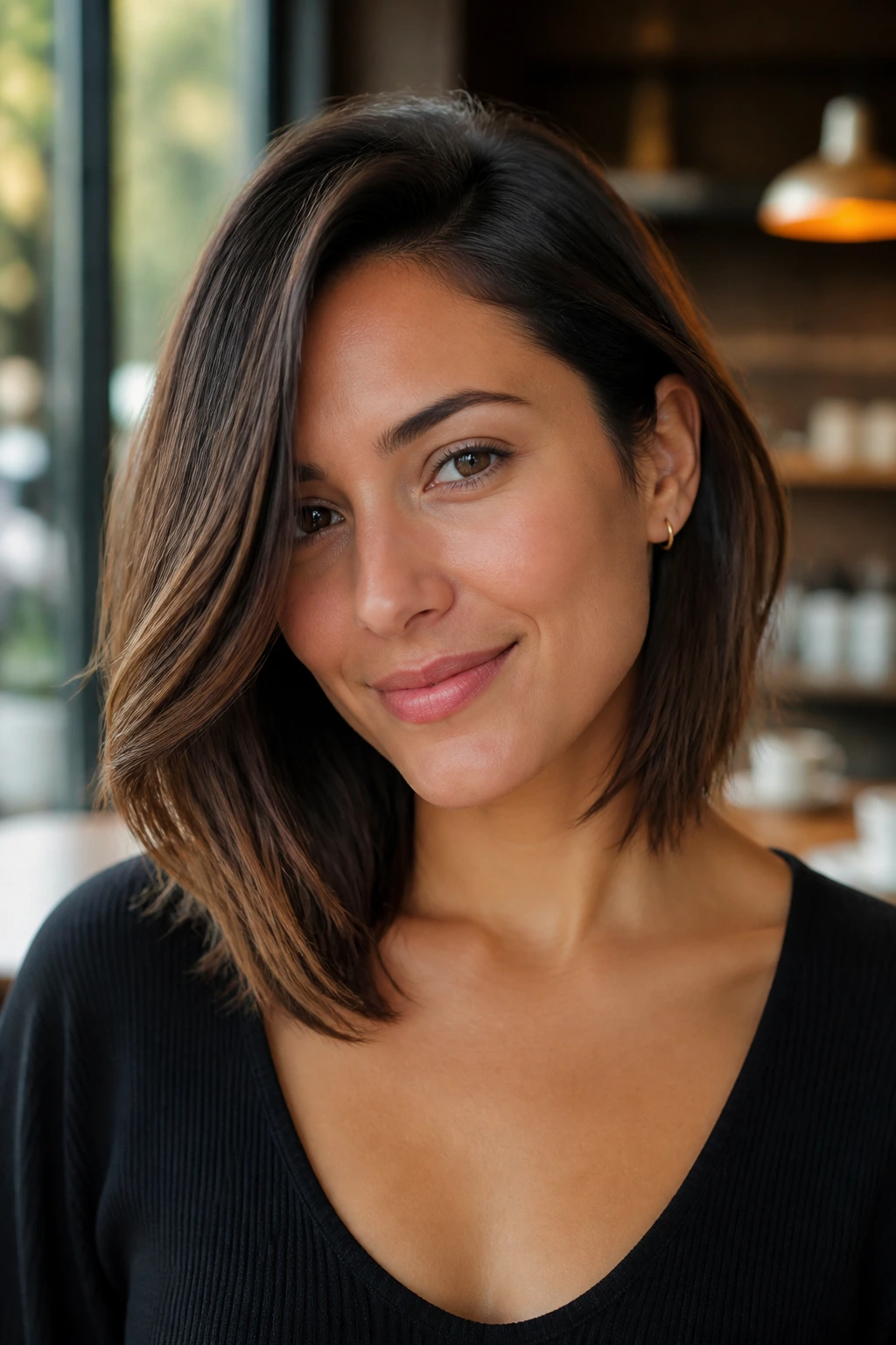 Portrait of a real woman with an asymmetrical lob and soft side bend in cafe light