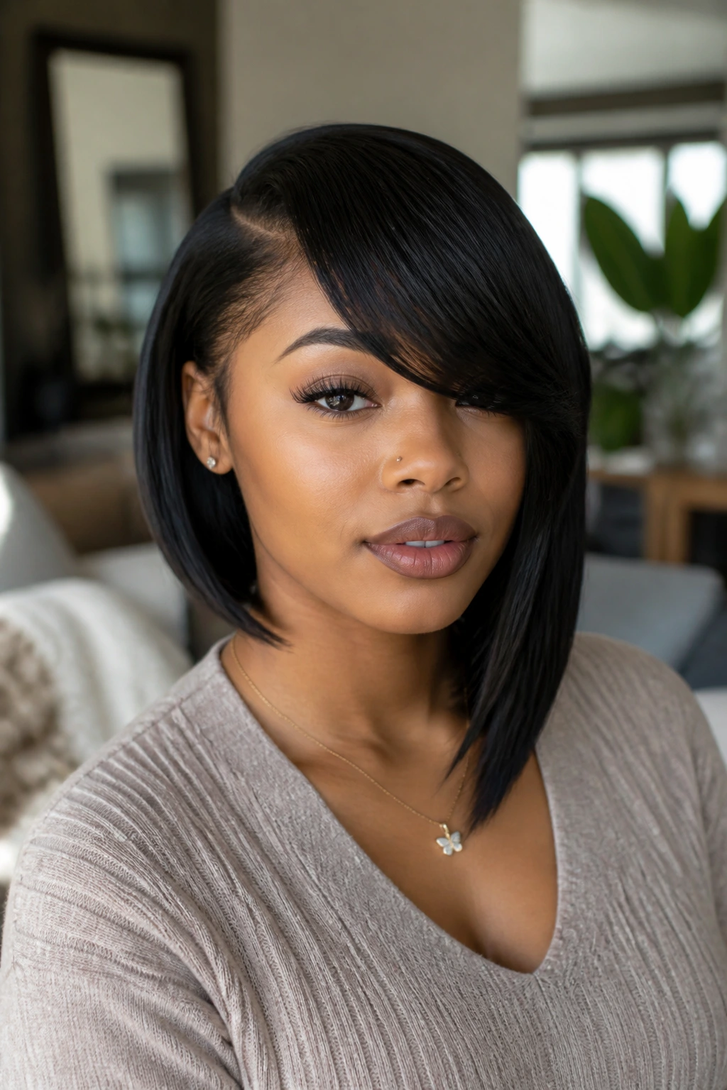 Close-up portrait of a real Black woman with asymmetrical lob and tapered ends