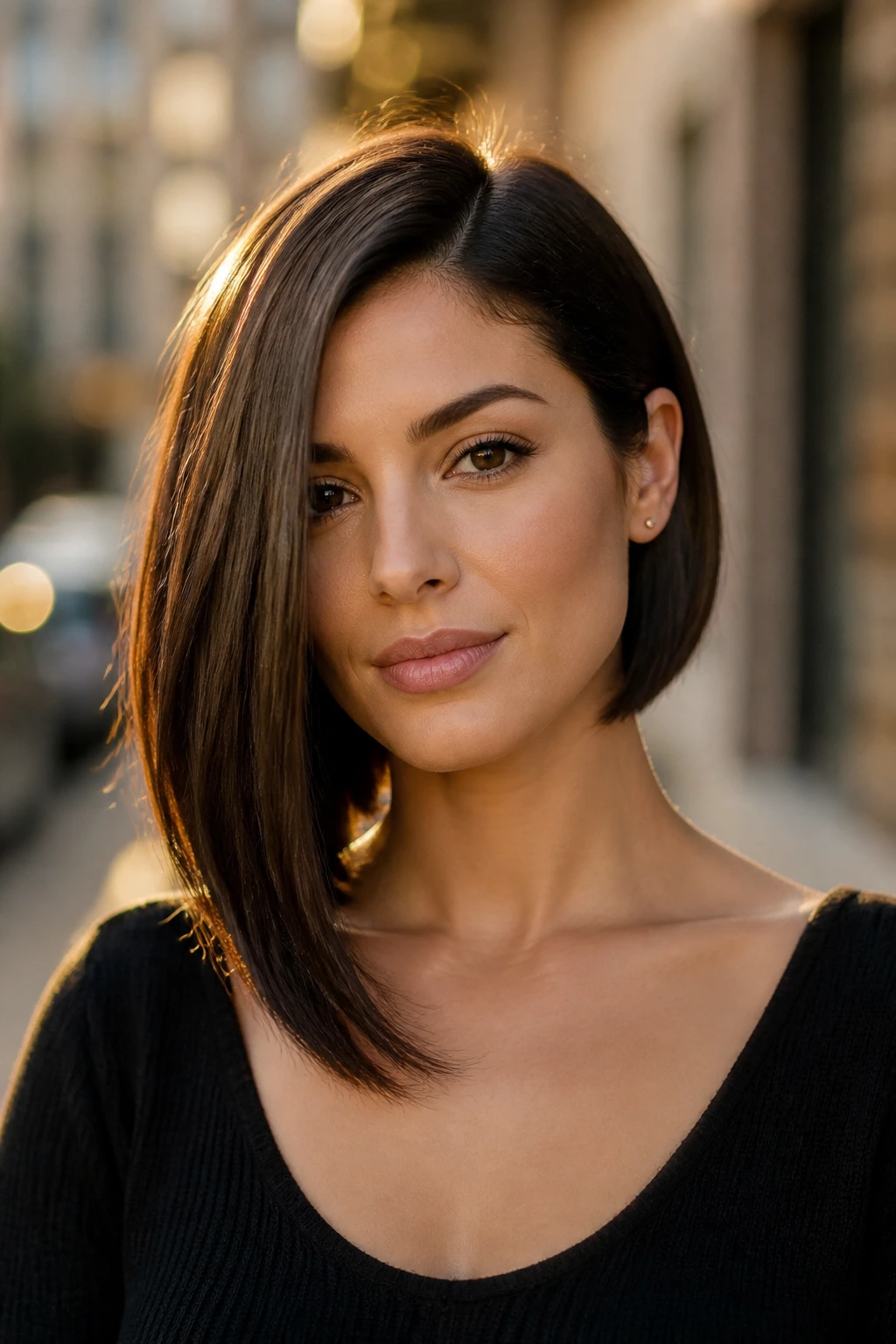 Real woman with an asymmetrical lob, longer side visible.