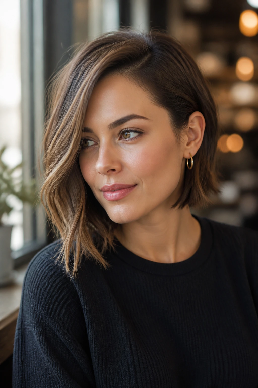Close-up of a woman with an asymmetrical lob and one-ear tuck outdoors near a cafe