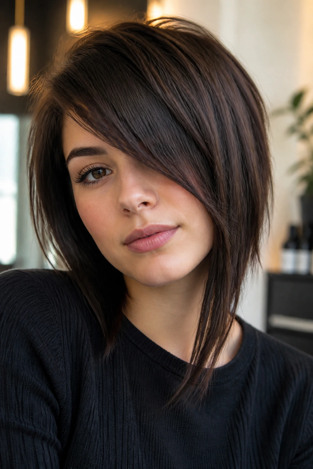 Portrait of a real woman with asymmetrical long bangs on one strong side