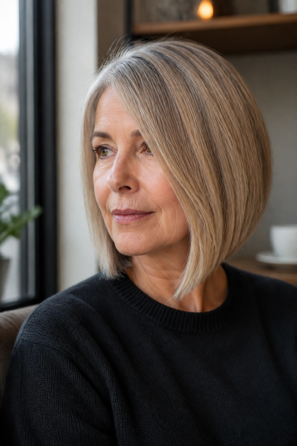 Real woman with subtle asymmetrical long bob in cafe-like setting