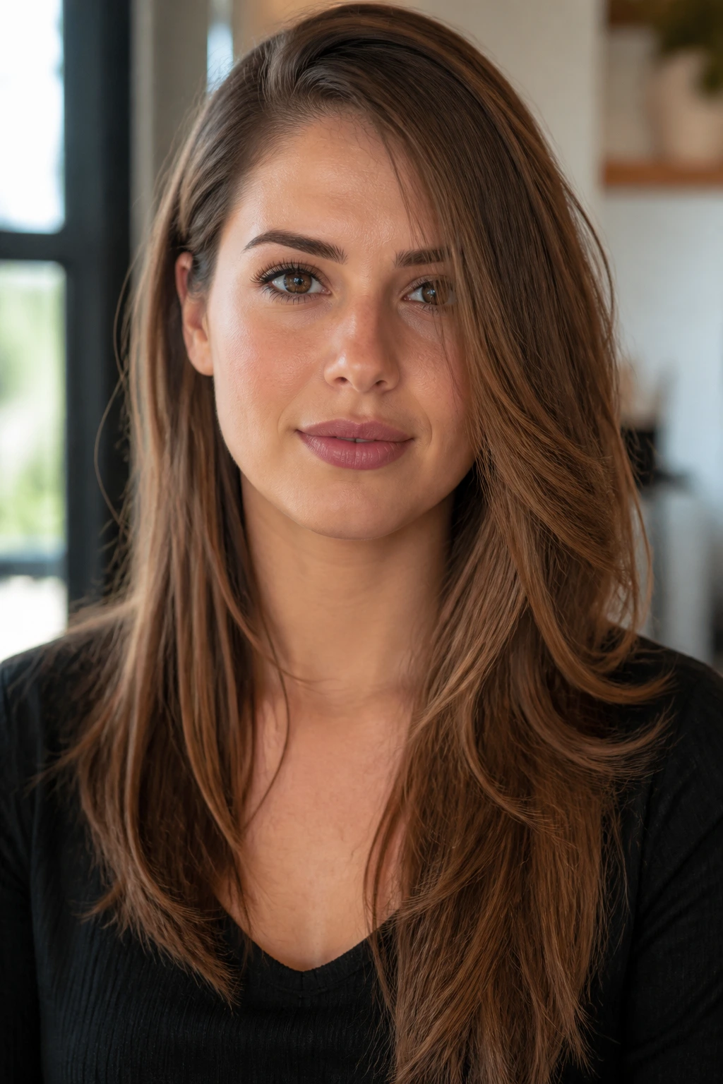 Portrait of a real woman with an asymmetrical long haircut breaking the circle