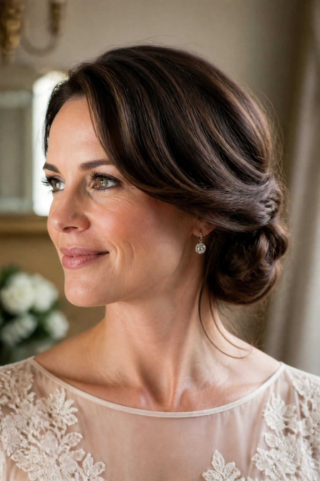 Side profile of a woman with an asymmetrical low roll below the ear