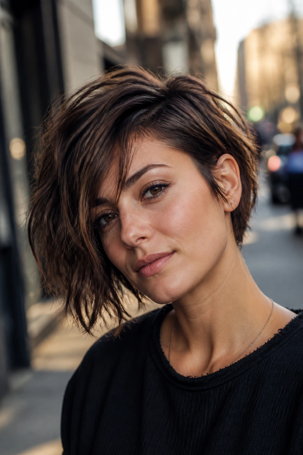 Close-up portrait of a real person with an asymmetrical messy bob in an urban setting