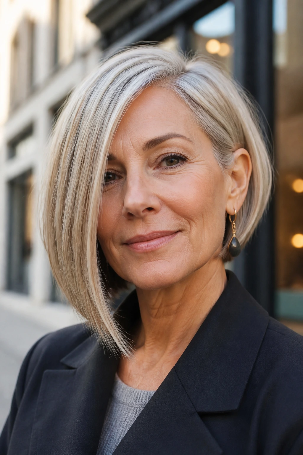 Portrait of a woman with an asymmetrical pageboy haircut.