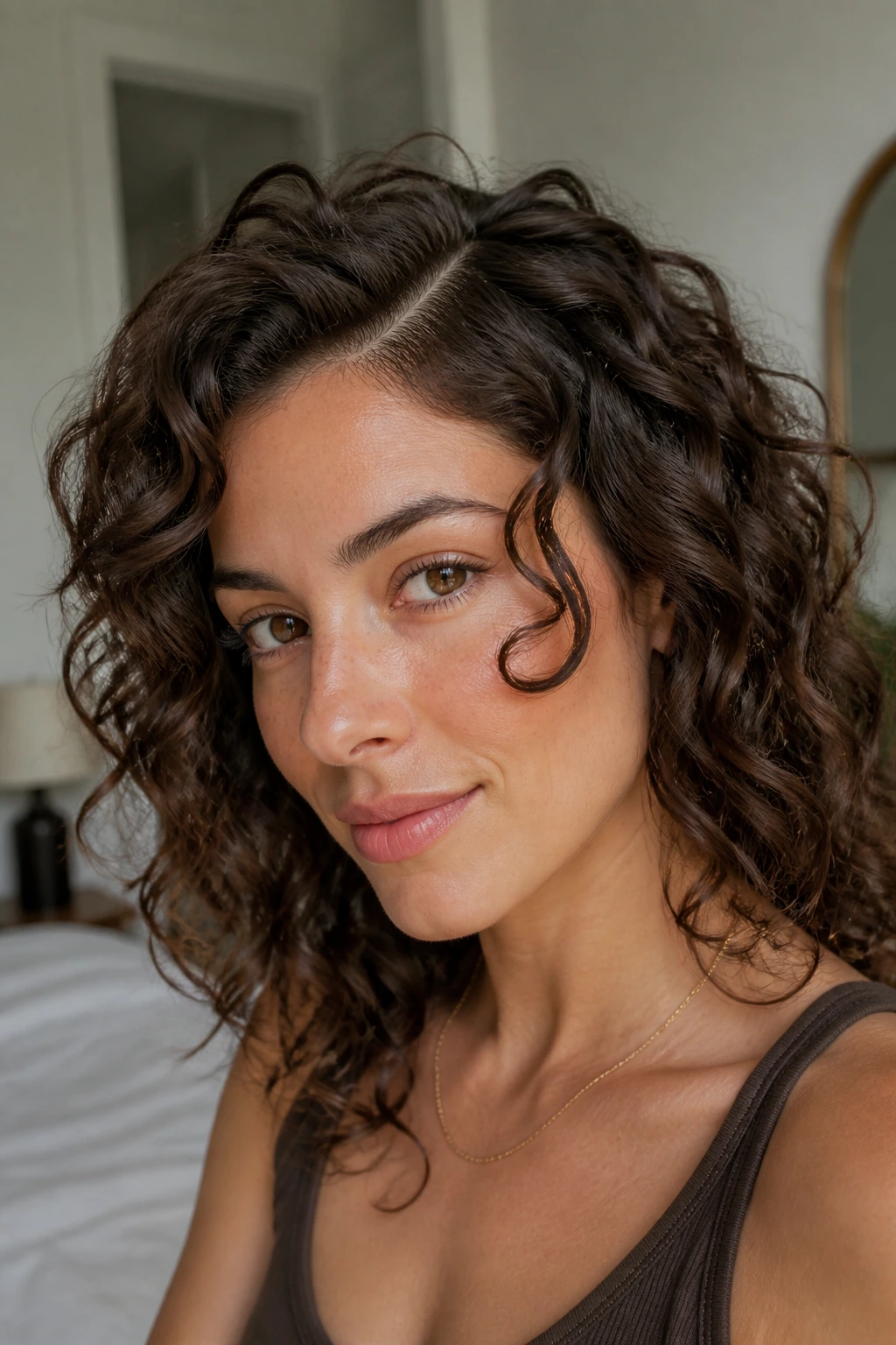 Portrait of a real woman with asymmetrical part and sculpted front curl