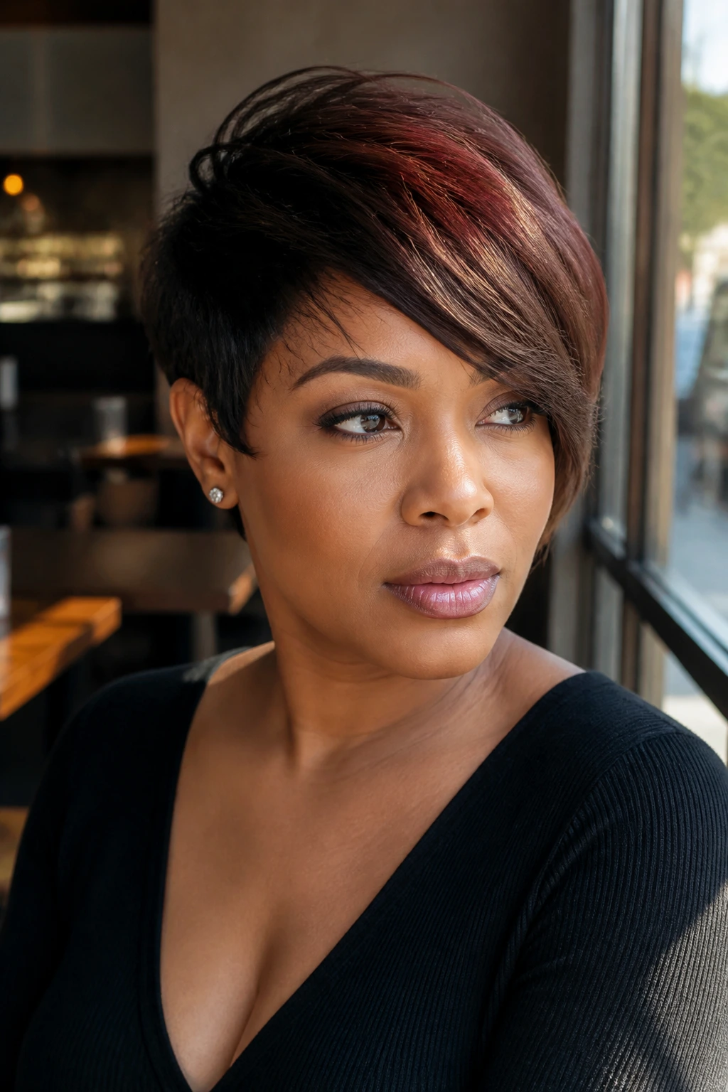 Close-up of a real person with an asymmetrical pixie bang and mahogany lowlights