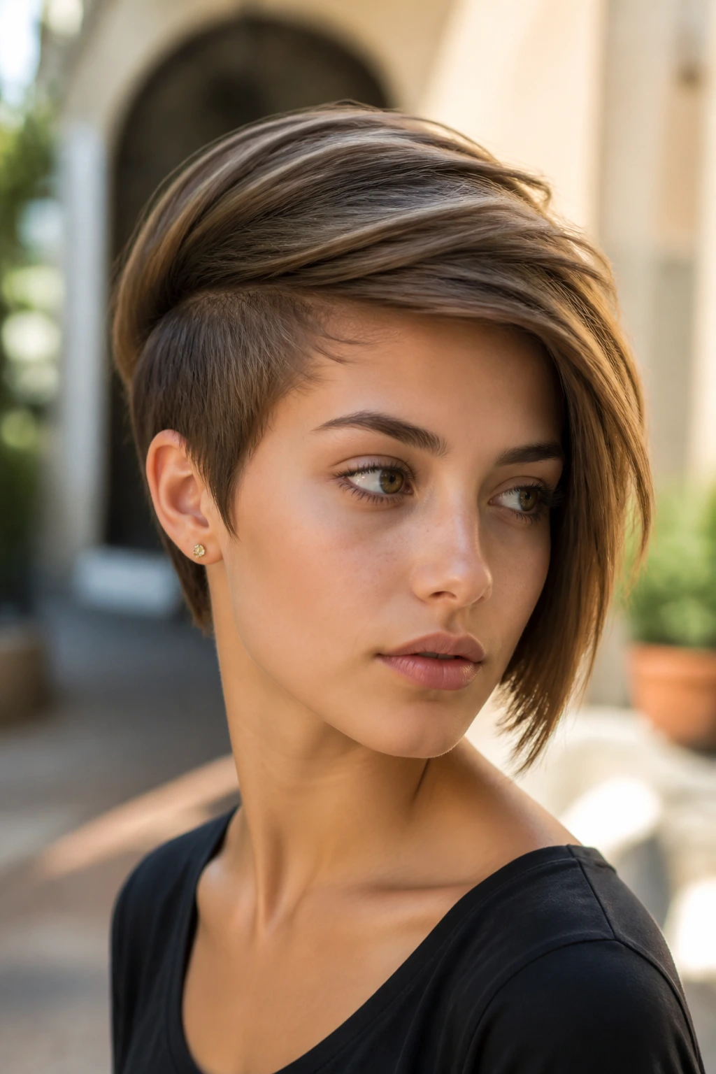 Girl with asymmetrical pixie bob in sunlit courtyard