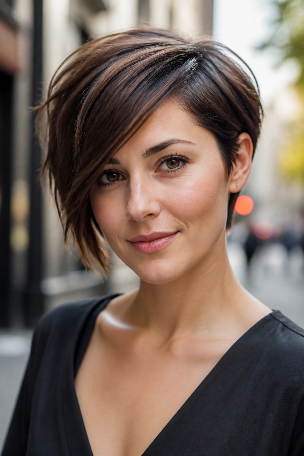Close-up of a woman with an asymmetrical pixie bob