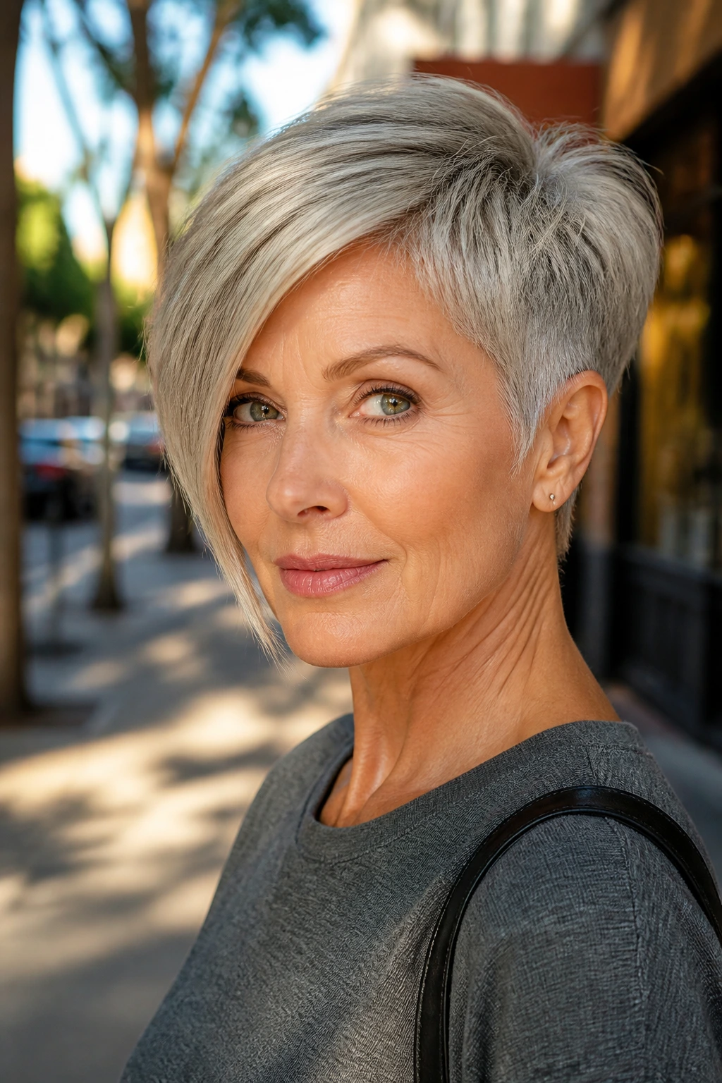 Close-up portrait of a real woman with an asymmetrical pixie bob highlighting the longer side
