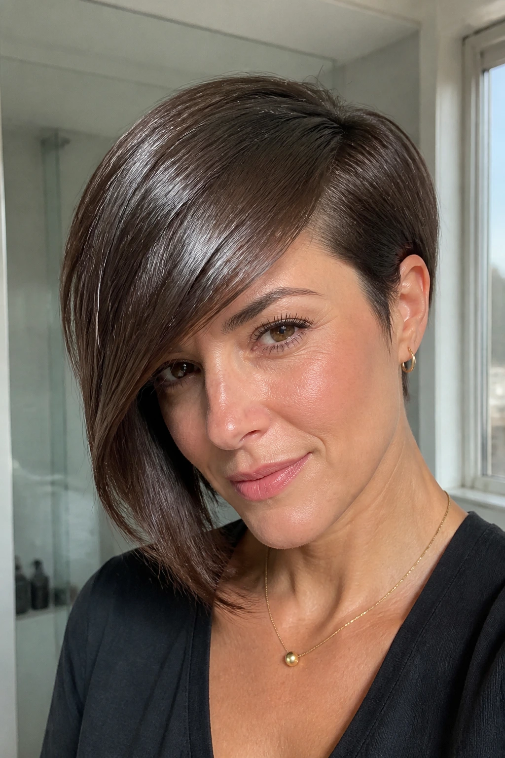 Close-up of a real woman with Asymmetrical Pixie Bob and Sleek Sweep, glossy uneven length.