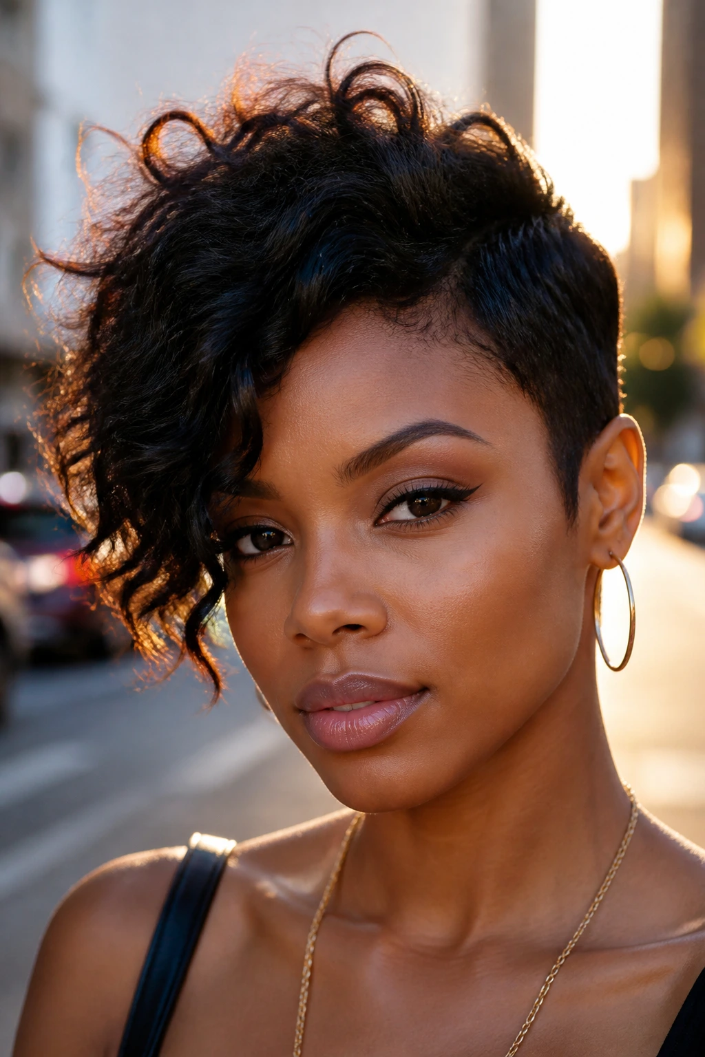 Close-up portrait of a real Black woman with an asymmetrical pixie cut