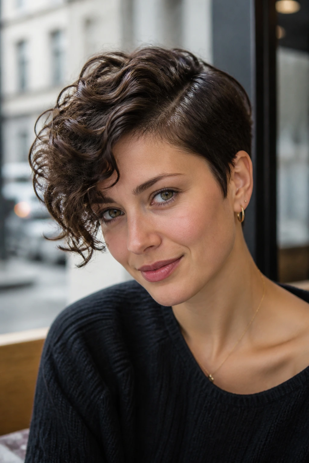 Portrait of a real woman with asymmetrical curly pixie and deep side part