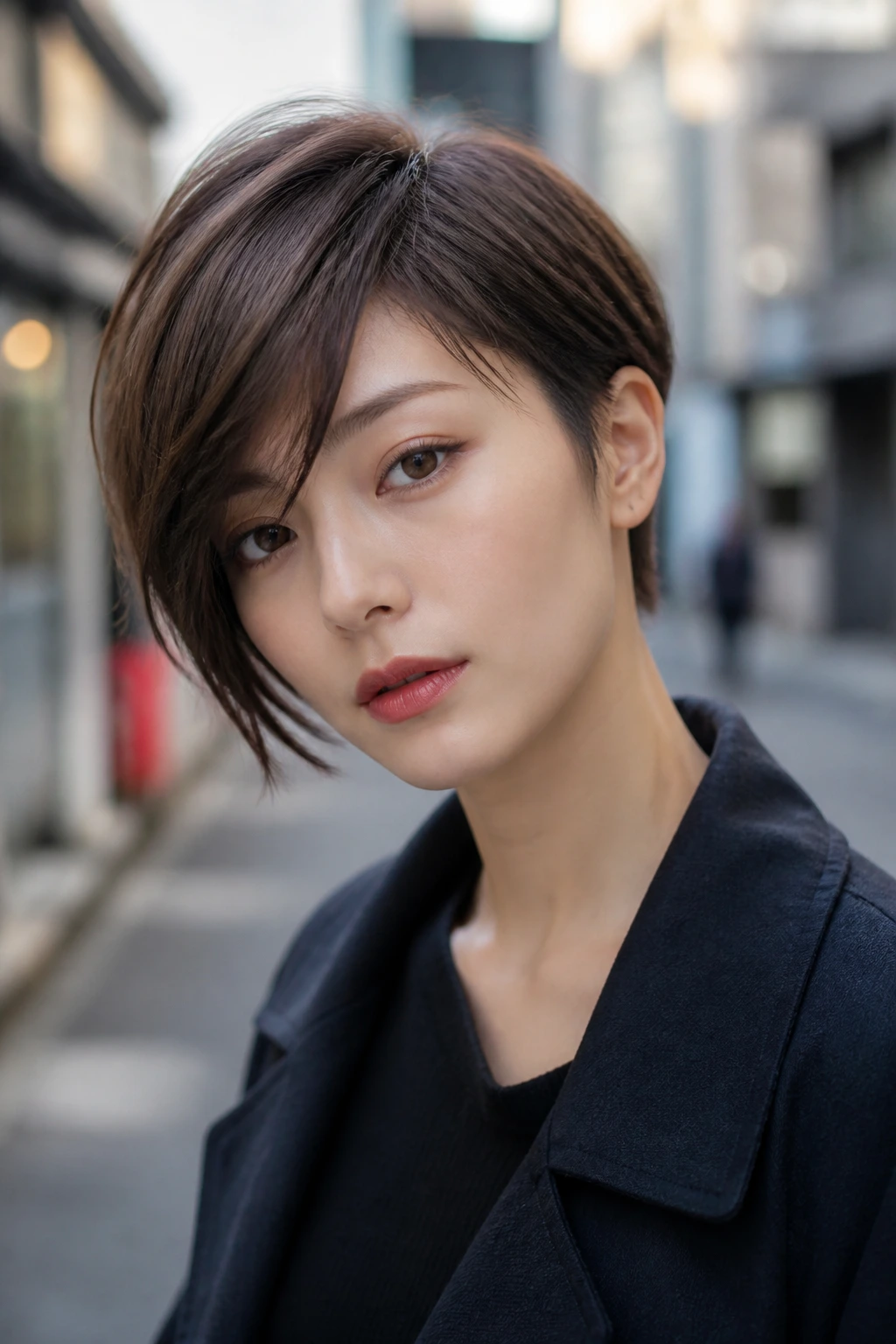 Head-and-shoulders portrait of a real woman with a deep side fringe asymmetrical pixie