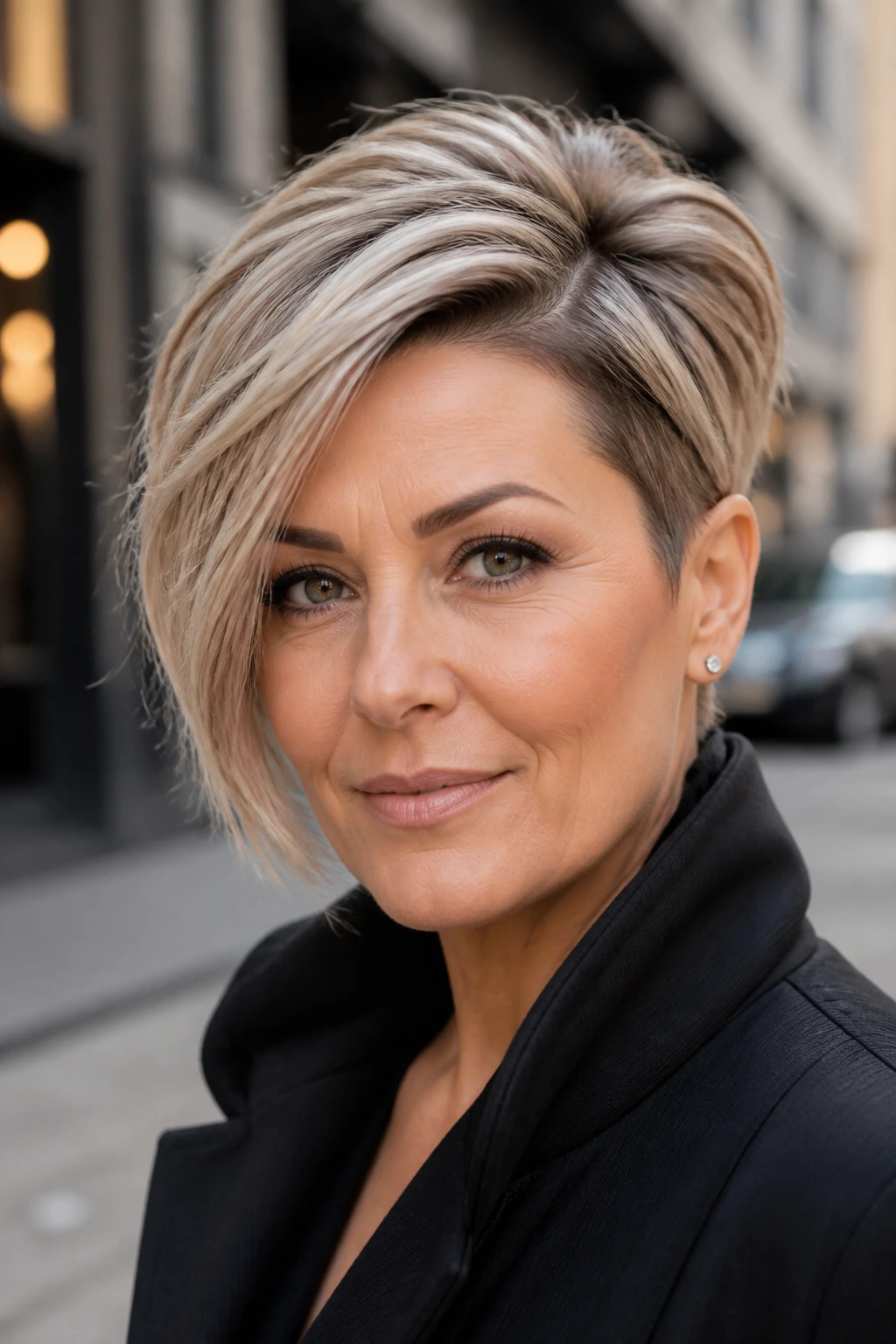 Portrait of a woman with an asymmetrical pixie and deep side part