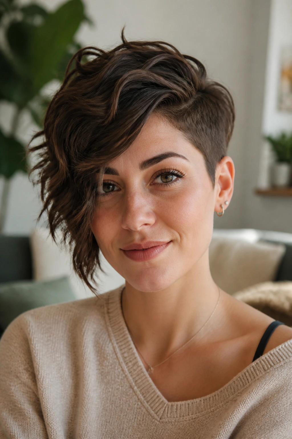 Close-up of a real woman with a deep side-parted asymmetrical pixie.