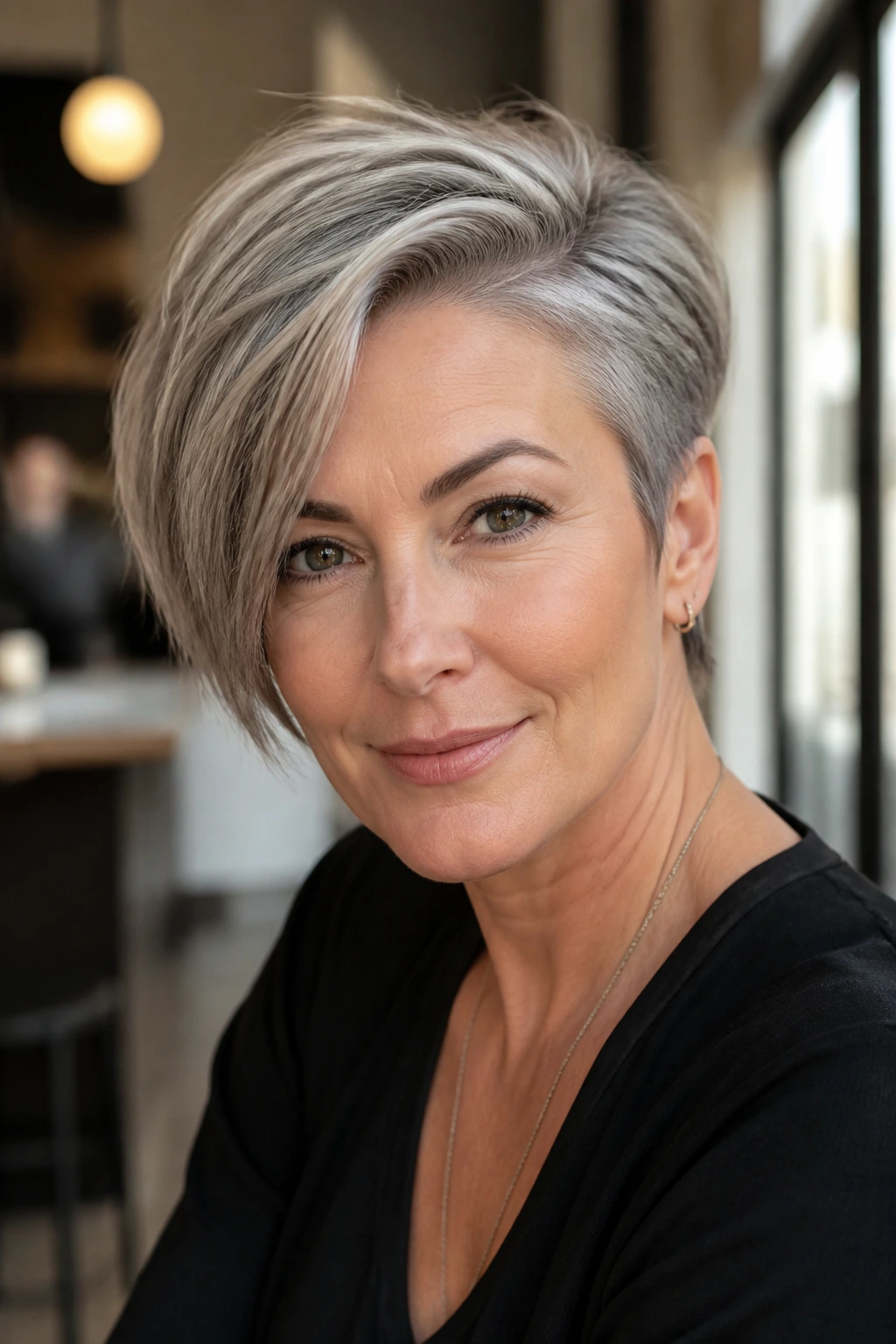 Portrait of a person with an asymmetrical pixie and deep side part