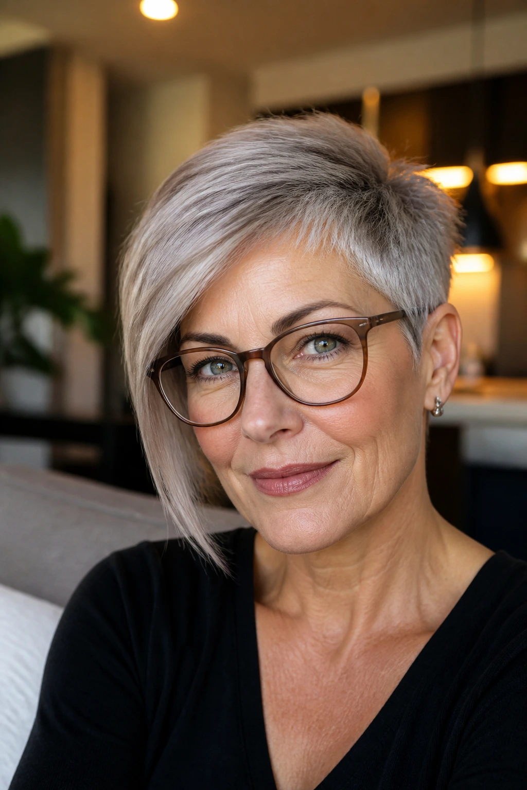Close-up of a real woman with an asymmetrical pixie and glasses in warm light