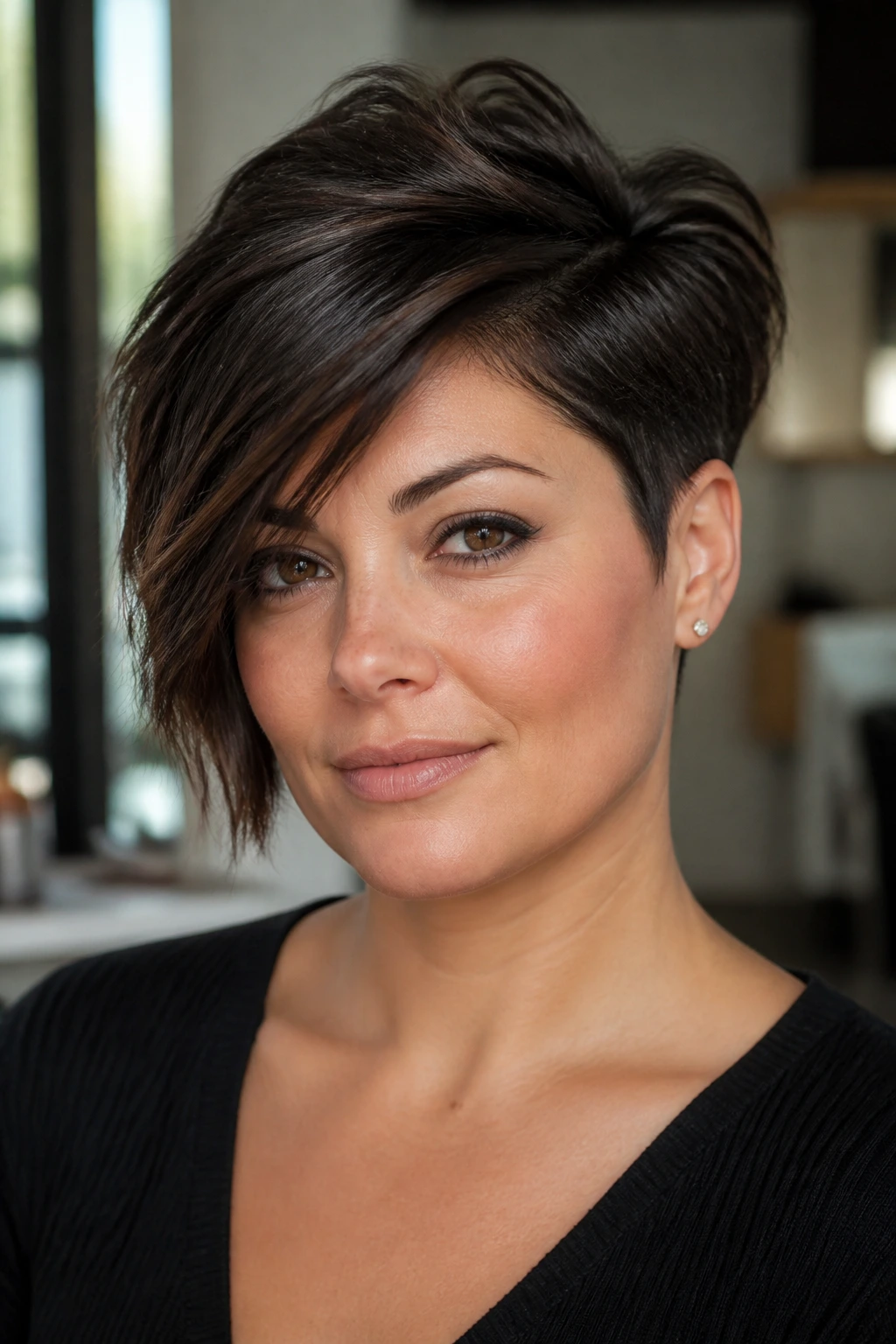 Portrait of a woman with an asymmetrical pixie sporting a longer side and shorter opposite side.