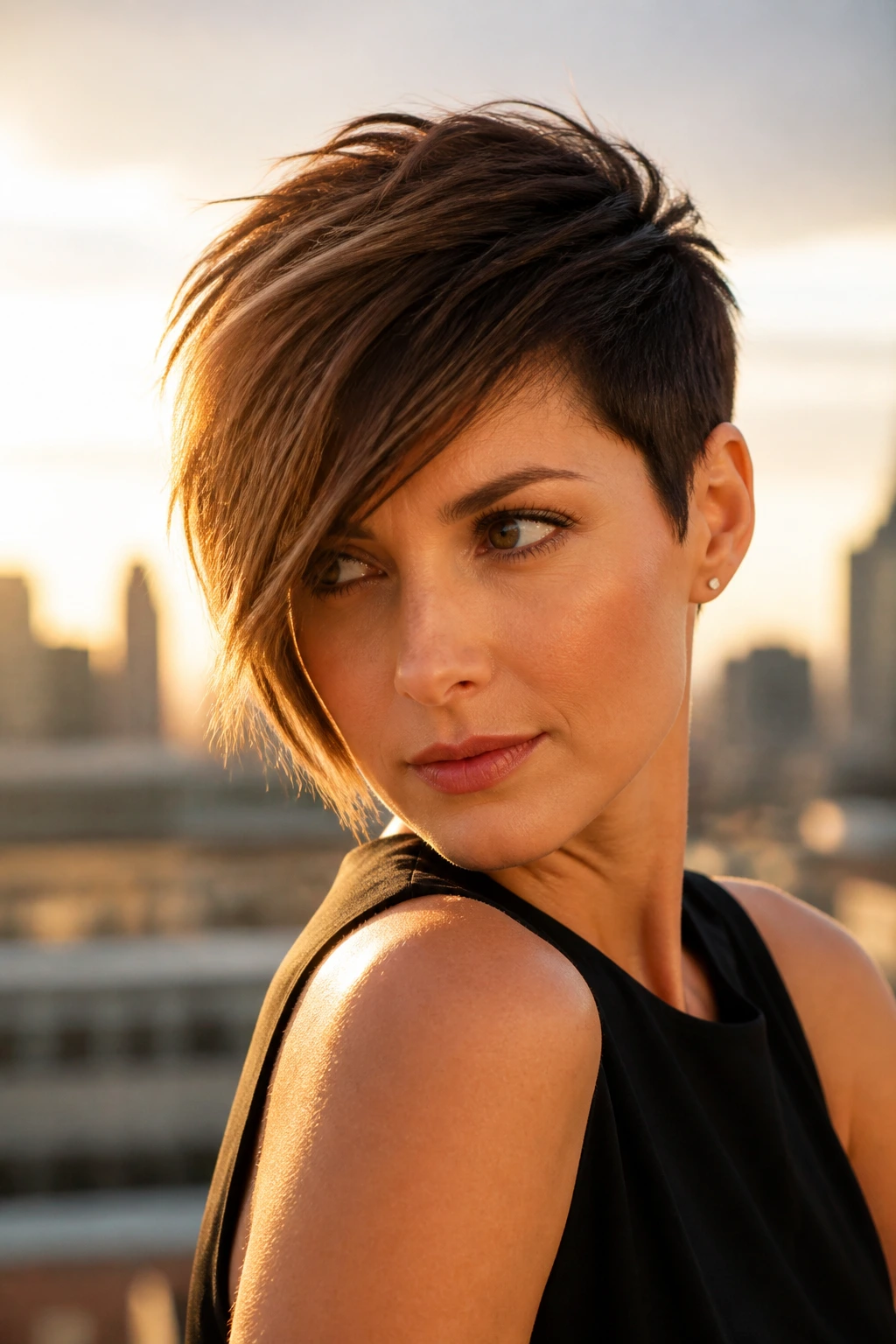 Portrait of a woman with asymmetrical pixie and long fringe on one side.