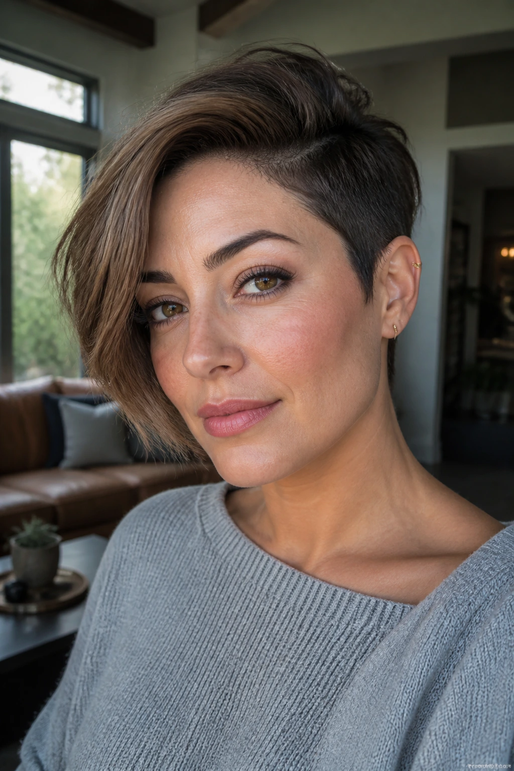 Close-up portrait of a real woman with an asymmetrical long-top pixie hairstyle