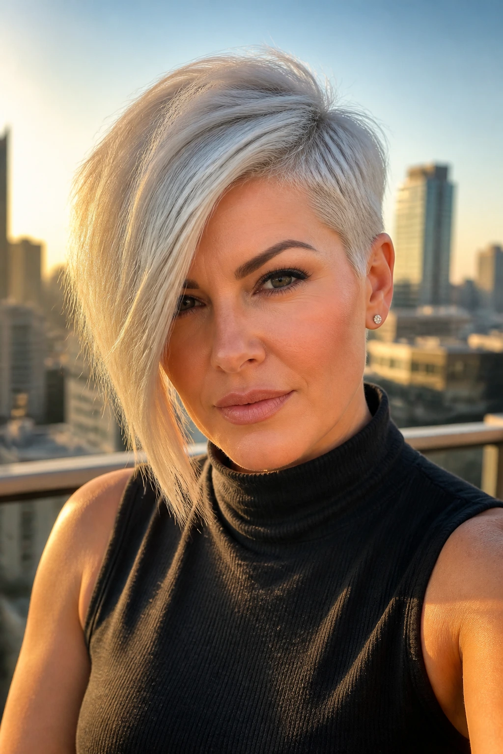 Real person with asymmetrical platinum pixie and long front at golden hour