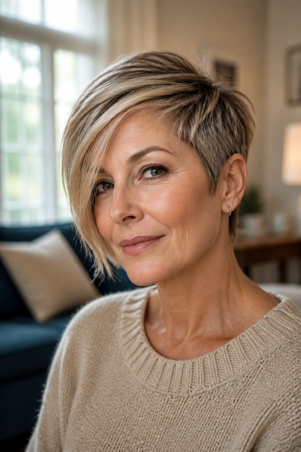 Close-up of a real woman with asymmetrical sweep pixie in warm window light.