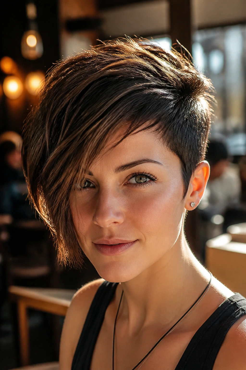 Real person with asymmetrical pixie showing longer side grazing cheekbone