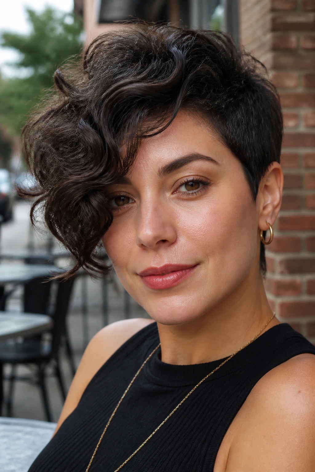 Real woman with asymmetrical side-swept pixie on a city street