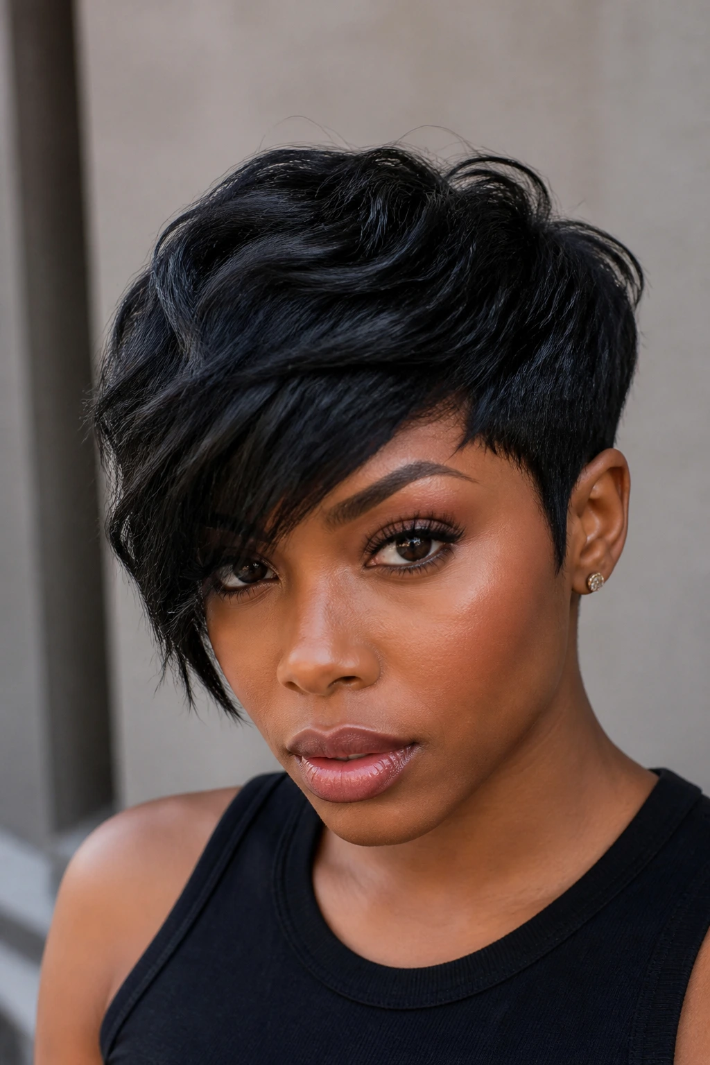 Close-up portrait of a real woman with asymmetrical pixie and side-swept fringe