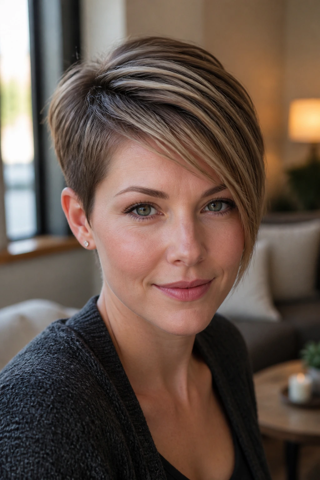 Close-up of real woman with asymmetrical pixie sweep and darker long side.